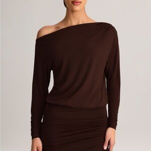 Oh Polly Off-Shoulder Mira Brown Mini Dress